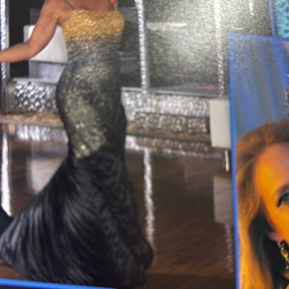 YSA Makino ball gown black & gold cascading stones on black silk. Worn for 1x